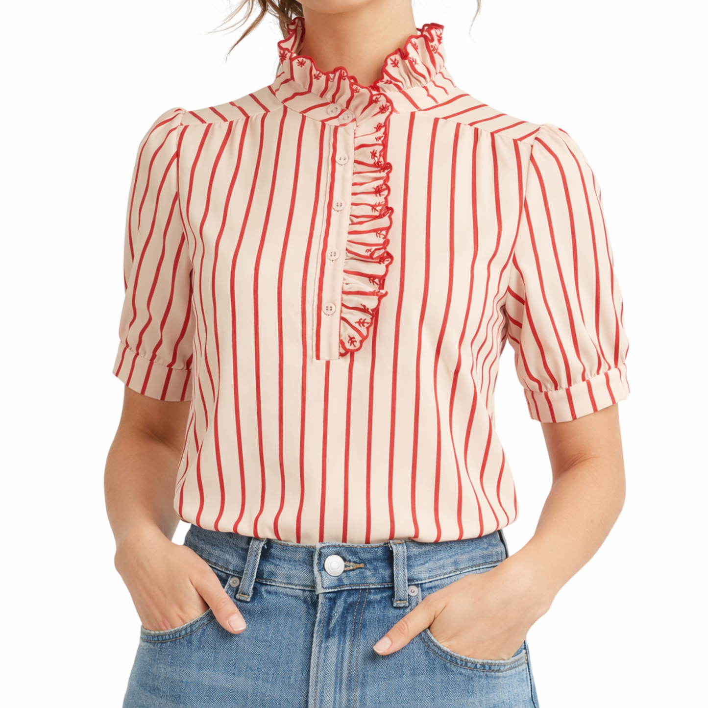Blusa rosa con rayas rojas y cuello ruffle | TTS FASHION