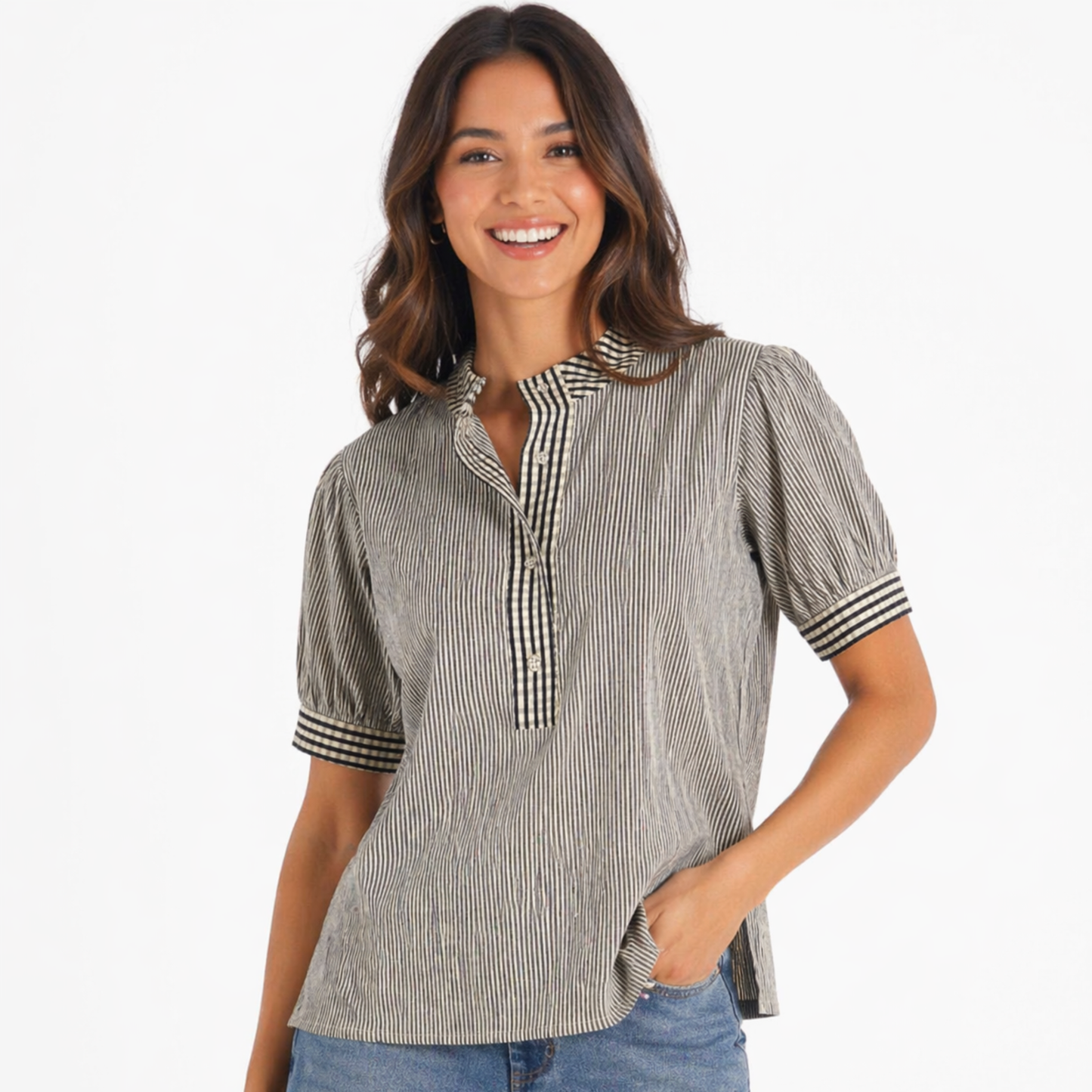 Blusa Rayada con Contraste Gingham | TTS FASHION