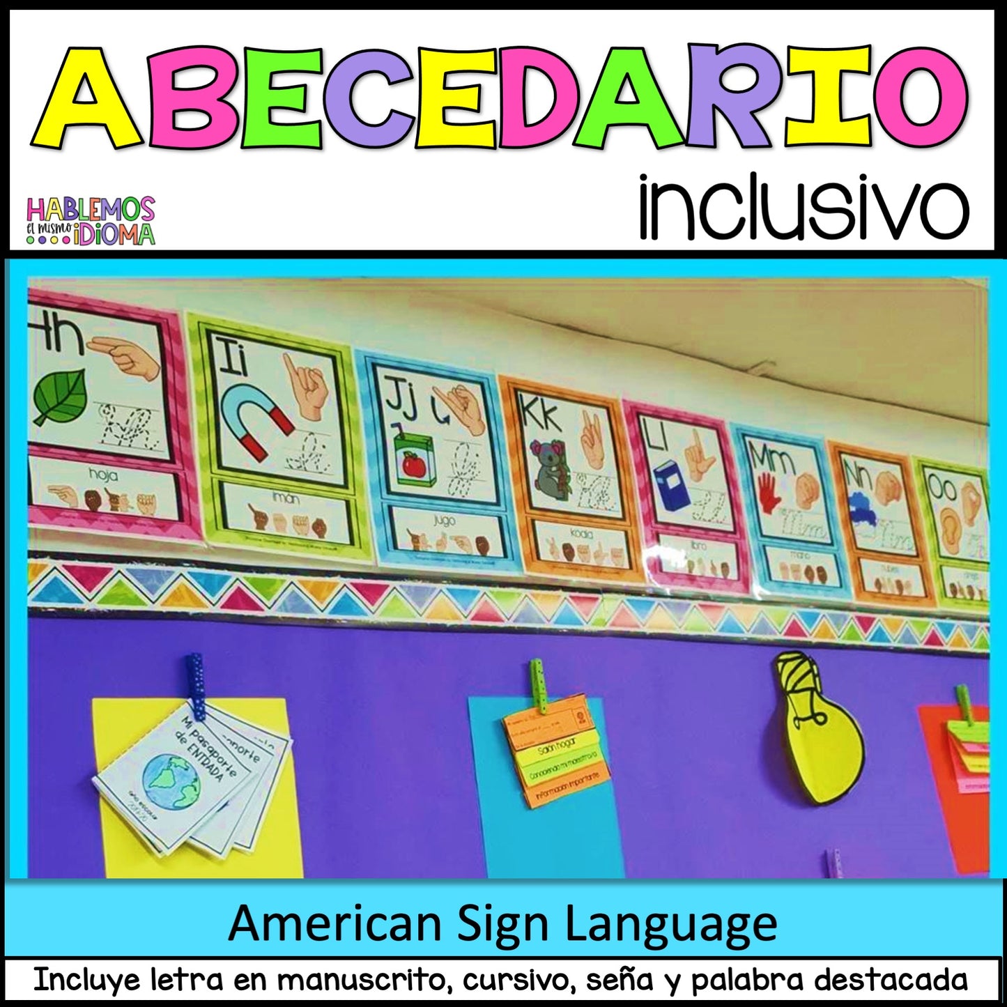 Silabario pictórico | Tarjetero del abecedario y fonemas | ASL SPANISH ALPHABET POSTERS