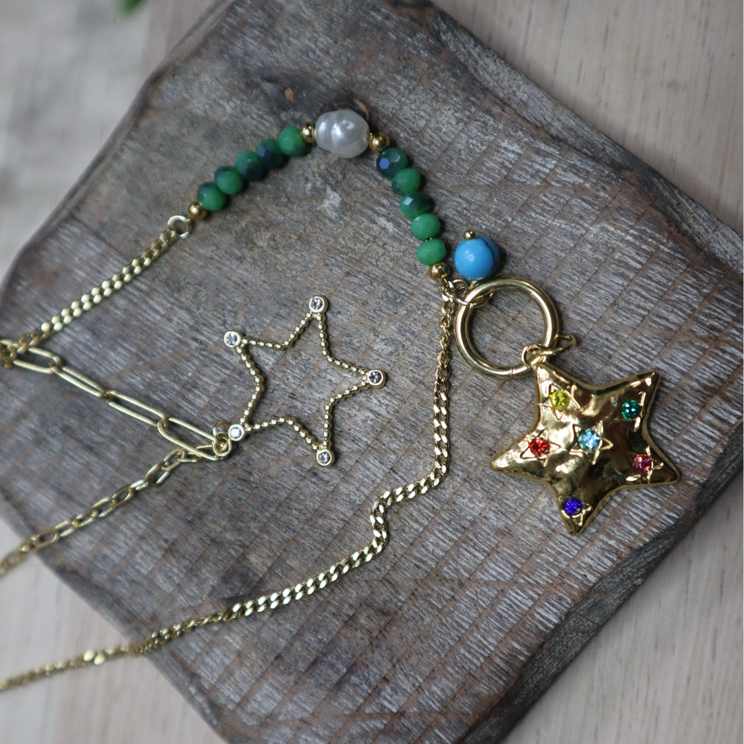 Blue star | Cadena doble con colgante de estrella | golden chain