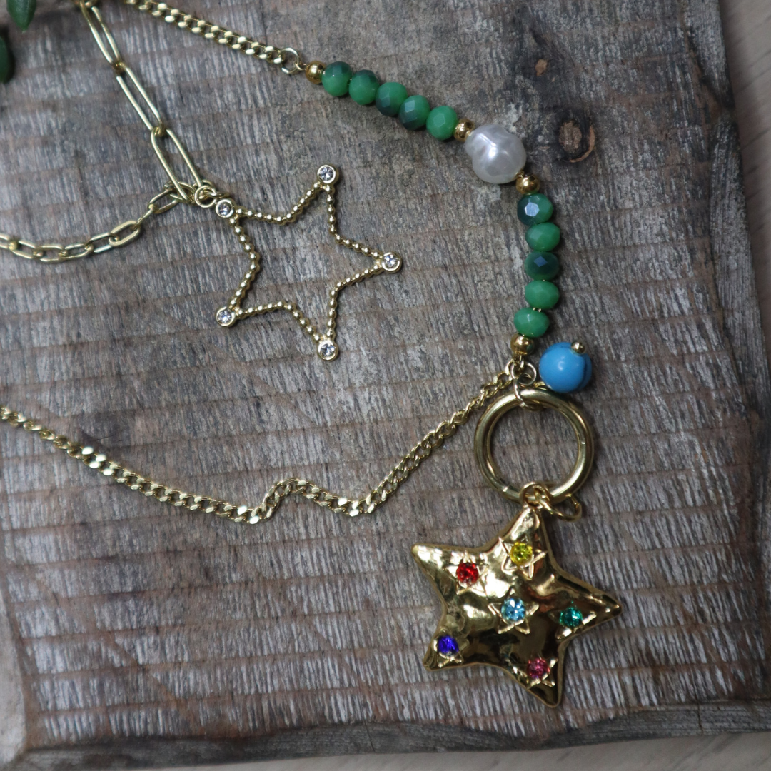 Blue star | Cadena doble con colgante de estrella | golden chain