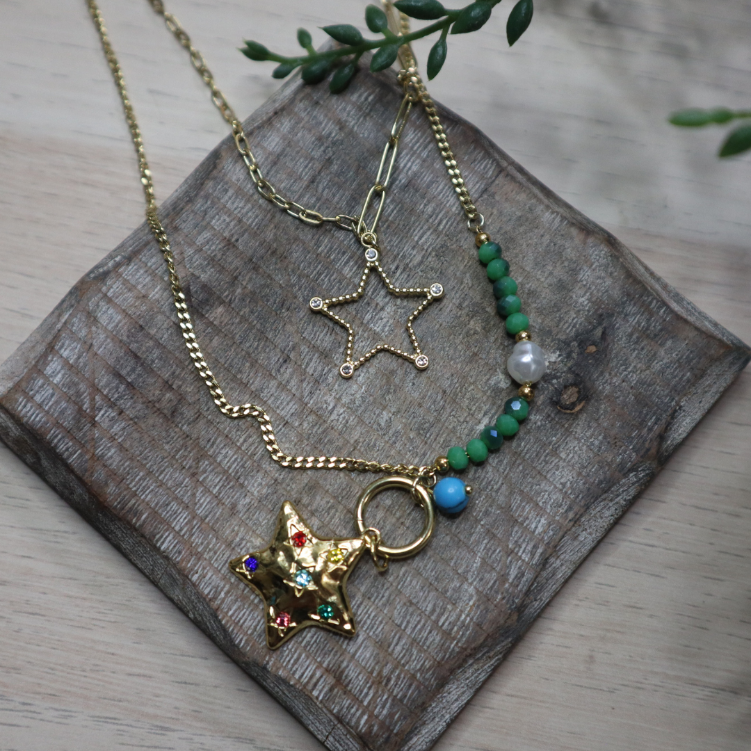 Blue star | Cadena doble con colgante de estrella | golden chain