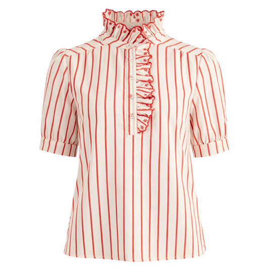 Blusa rosa con rayas rojas y cuello ruffle | TTS FASHION