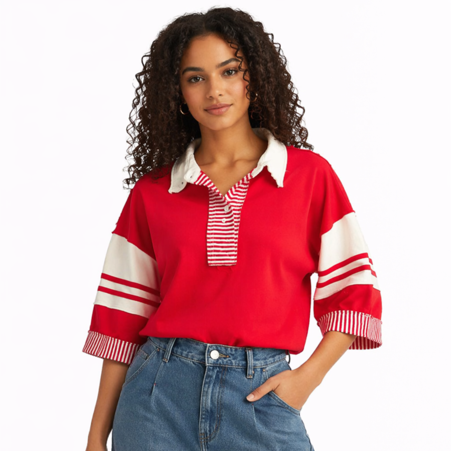 Blusa Polo Roja Color Block con Rayas| TTS FASHION