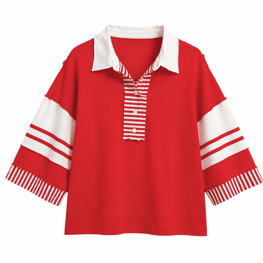Blusa Polo Roja Color Block con Rayas| TTS FASHION