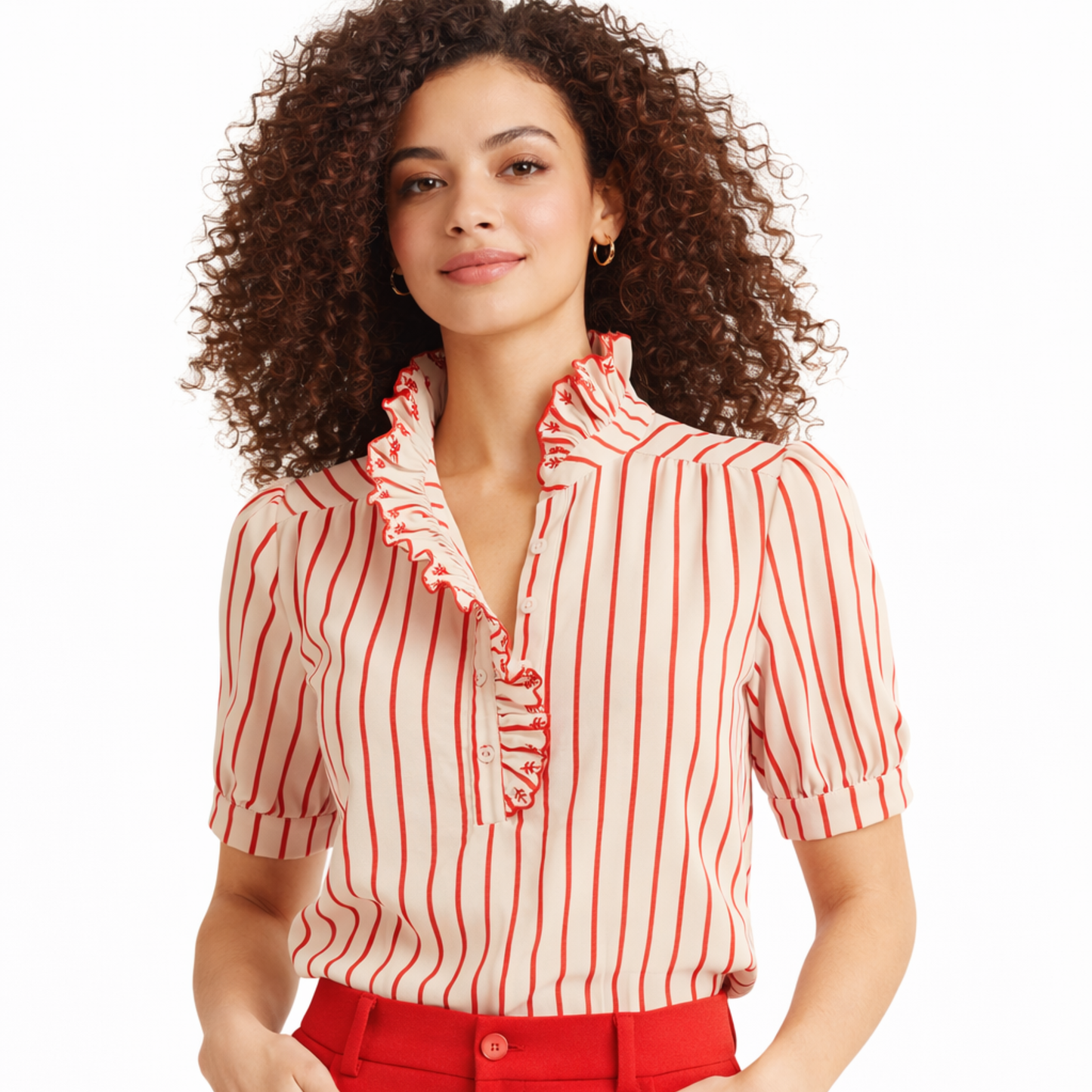 Blusa rosa con rayas rojas y cuello ruffle | TTS FASHION