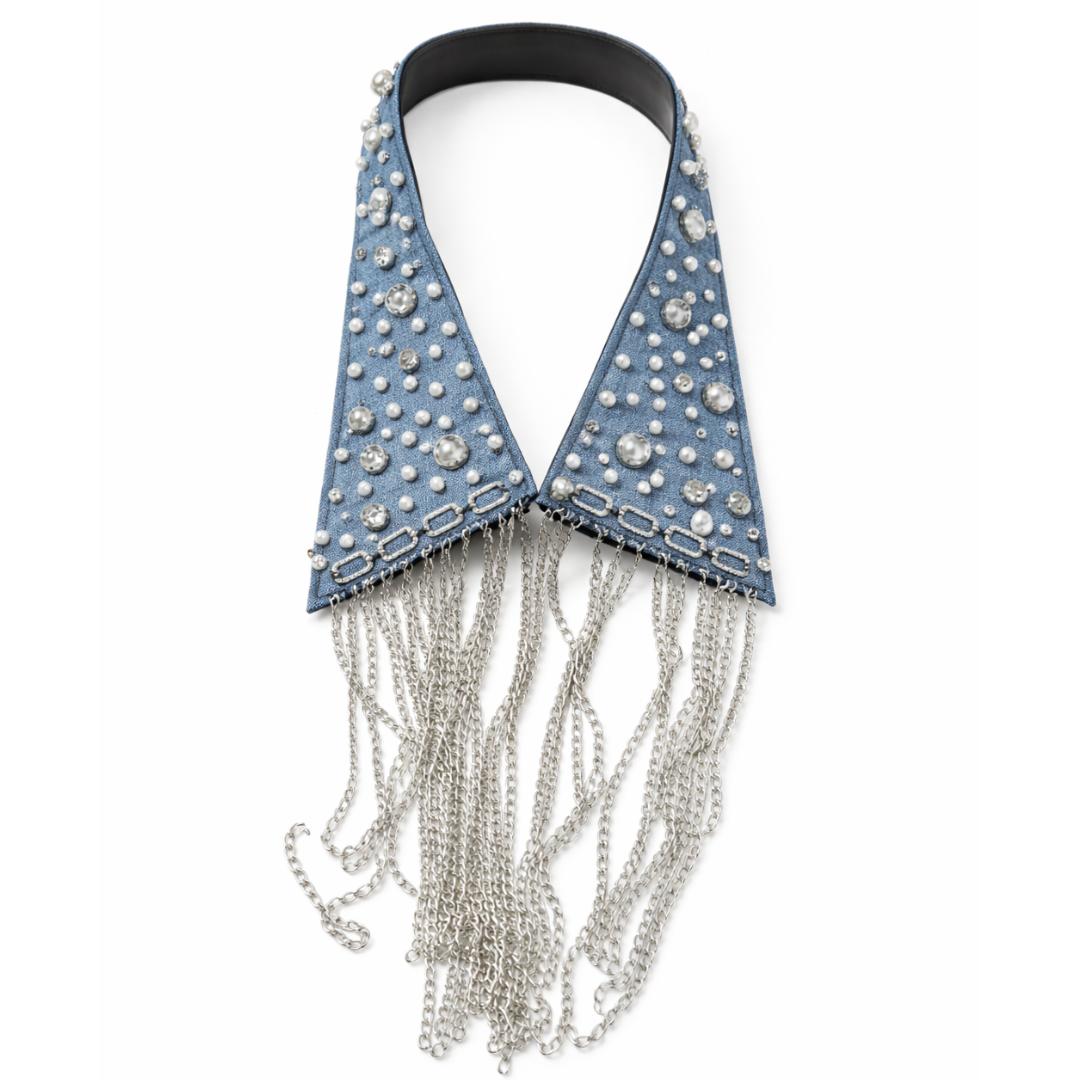 Collar Artesanal Denim perlas y cristales | Statement piece