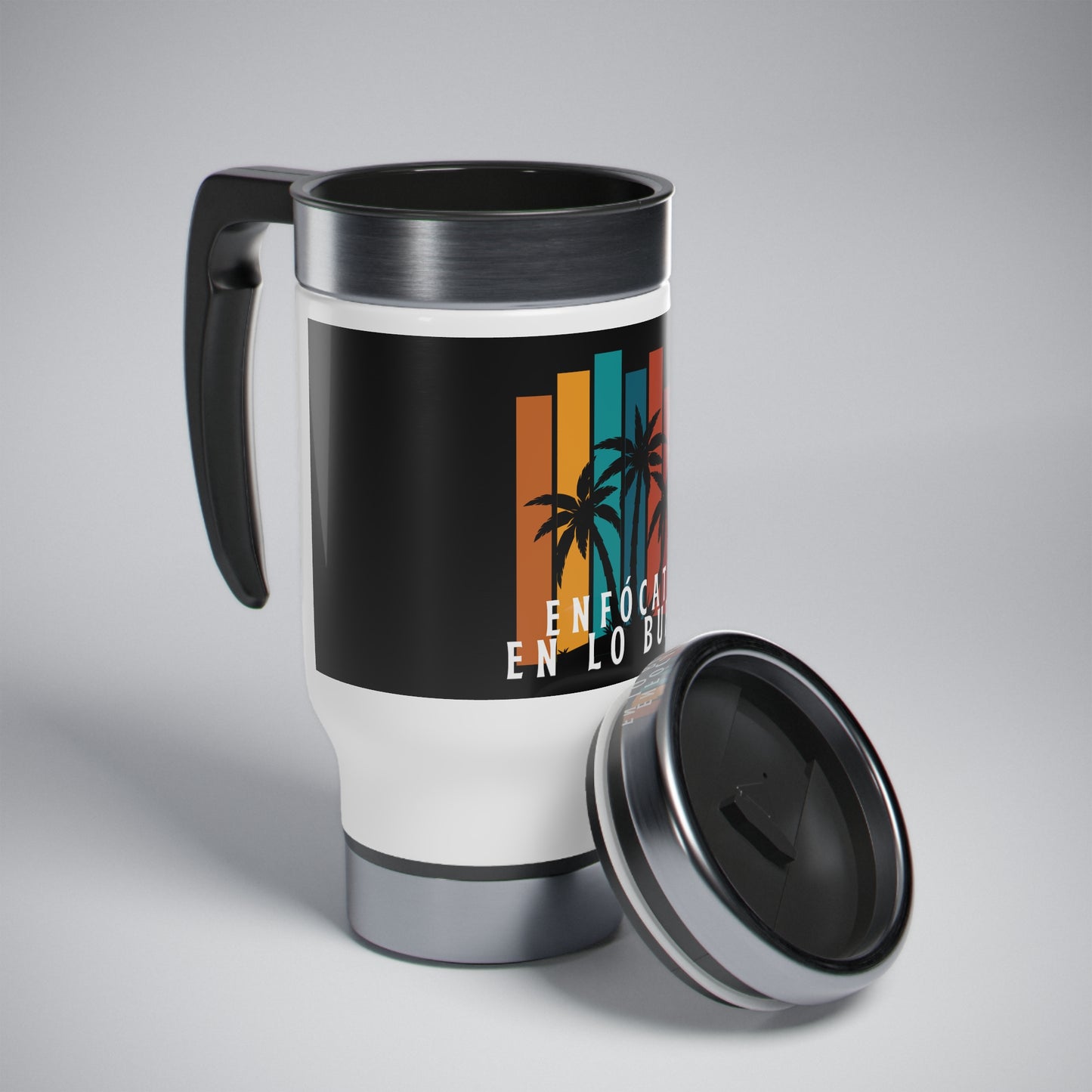 Enfócate en lo bueno | Vaso térmico de verano | Stainless Steel Travel Mug with Handle, 14oz