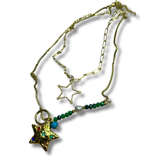 Blue star | Cadena doble con colgante de estrella | golden chain