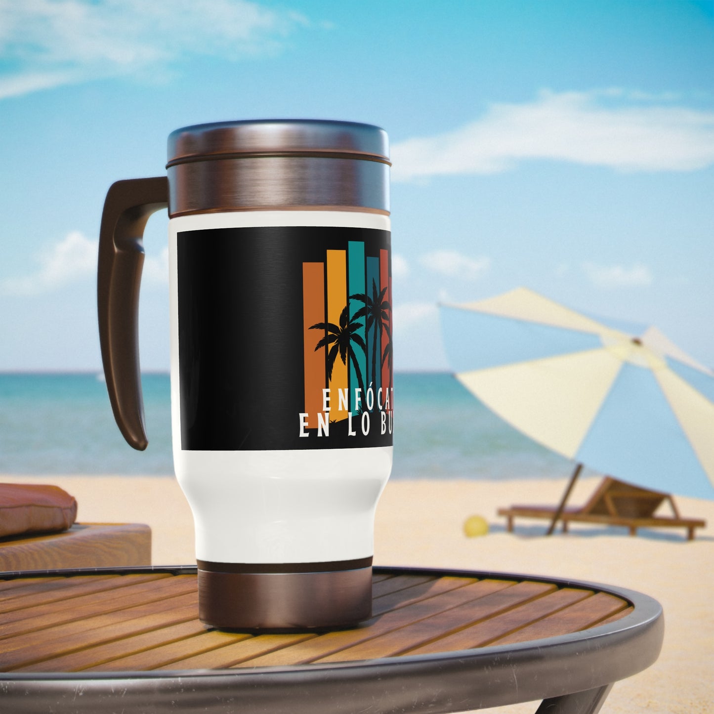 Enfócate en lo bueno | Vaso térmico de verano | Stainless Steel Travel Mug with Handle, 14oz