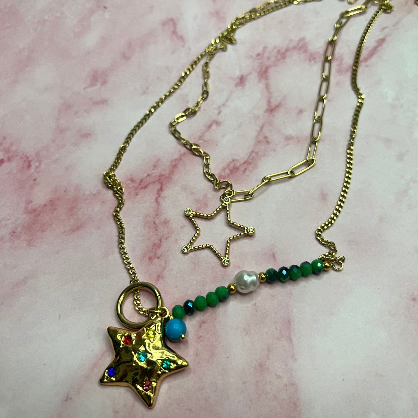 Blue star | Cadena doble con colgante de estrella | golden chain