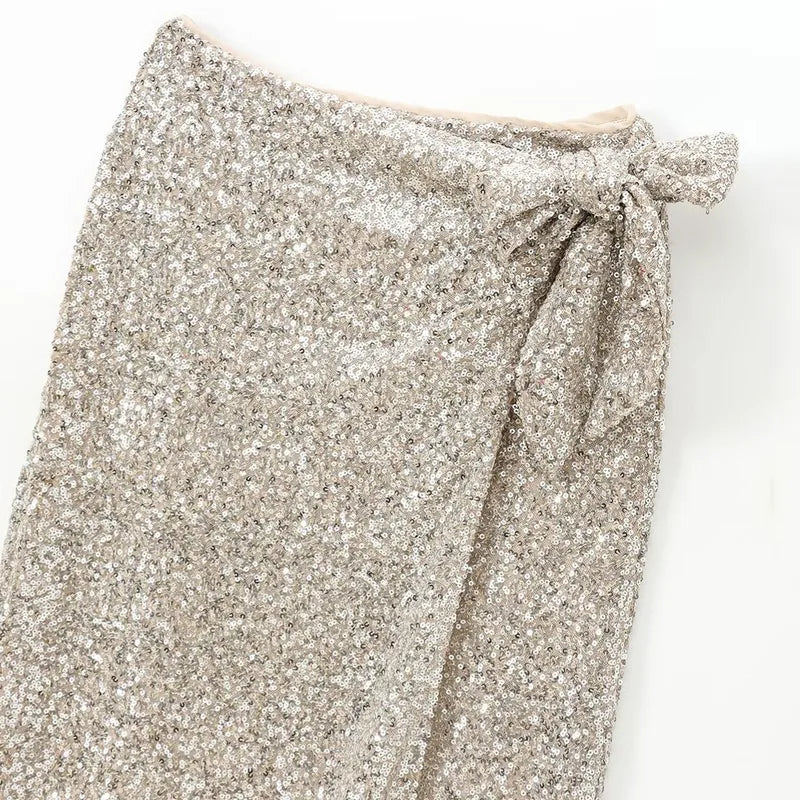 Falda Midi de Lentejuelas con Lazo – brillo |  TTS Fashion