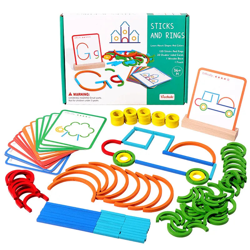 Juego educativo "Sticks and Rings" Aprendiendo con formas, figuras y colores.