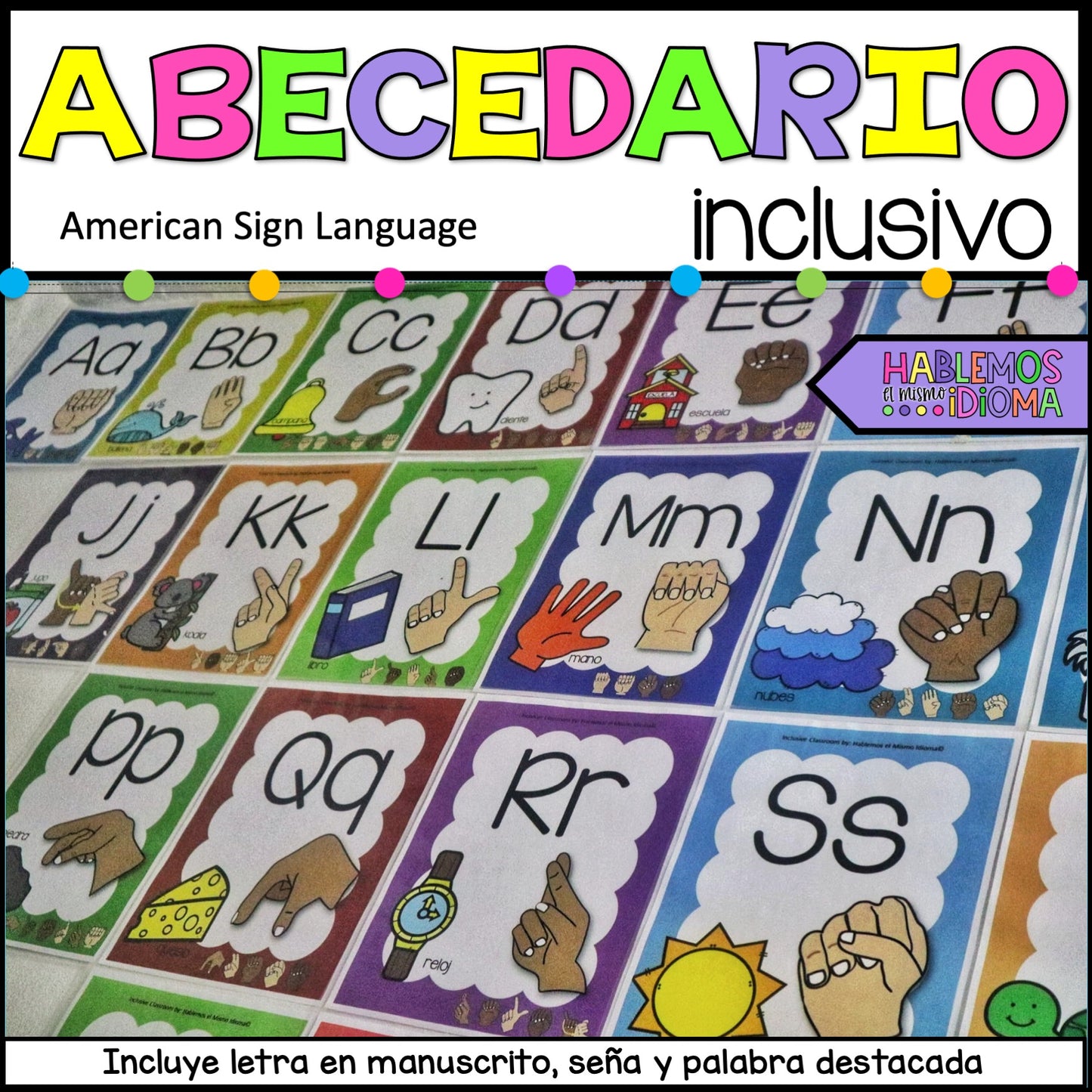 Silabario pictórico | Tarjetero del abecedario y fonemas | ASL SPANISH ALPHABET POSTERS