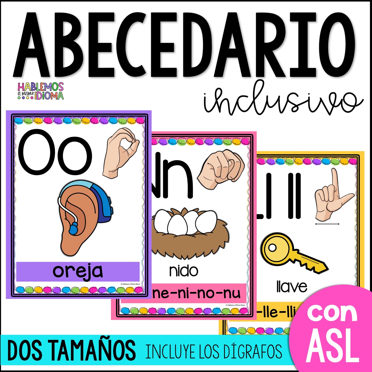 Silabario pictórico | Tarjetero del abecedario y fonemas | ASL SPANISH ALPHABET POSTERS